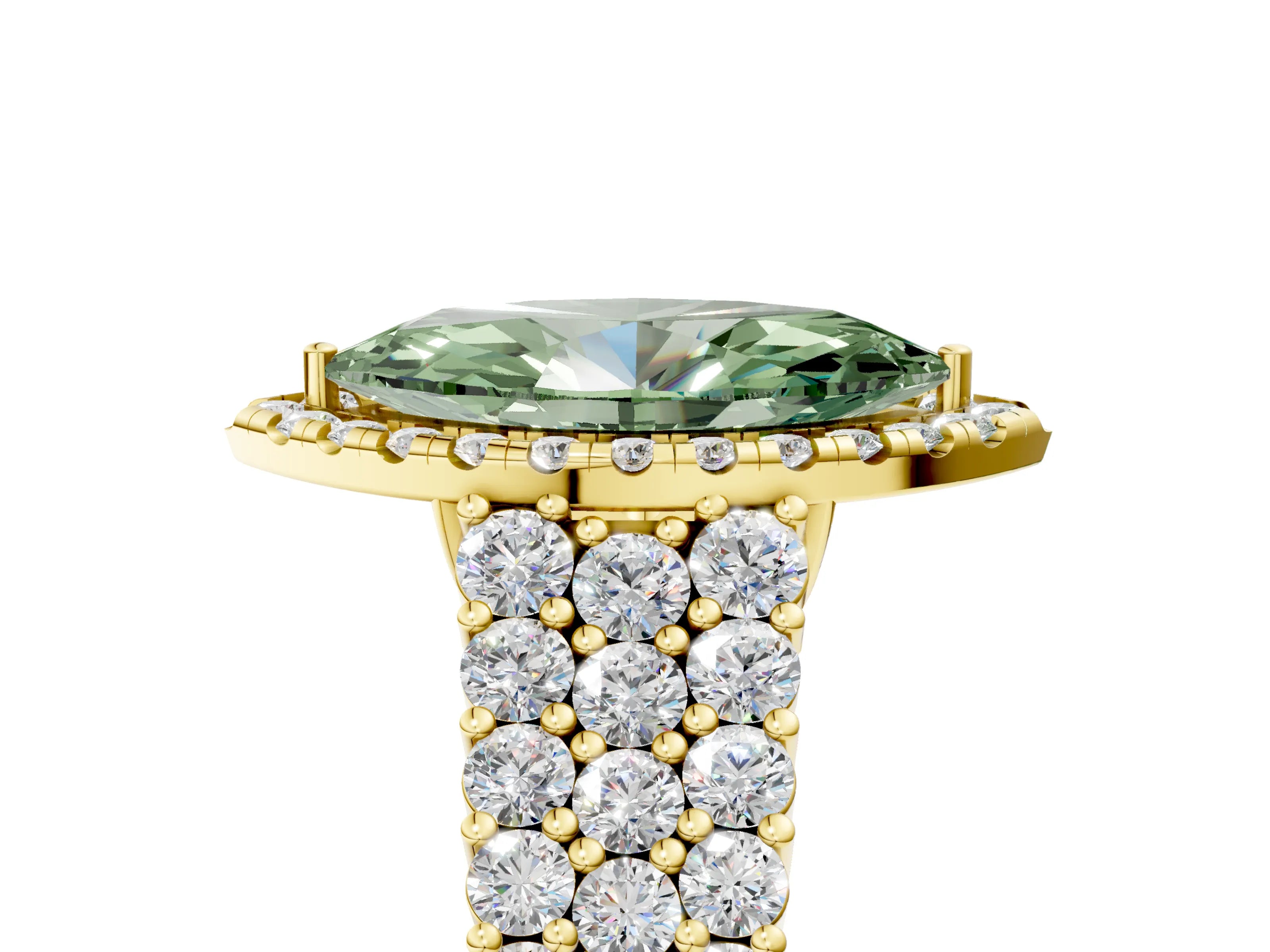 Yellow gold Fancy Green Marquise Cut Halo Pavé Diamond Engagement Ring with Split Shank and Four-Prong Setting_8