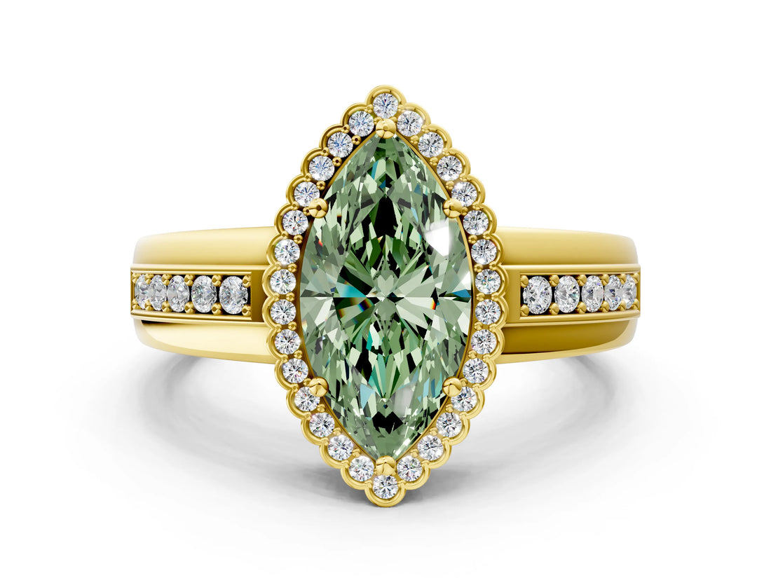 Yellow gold Fancy Green Marquise  Cut Halo Pave Band Four-Prong Ring_95