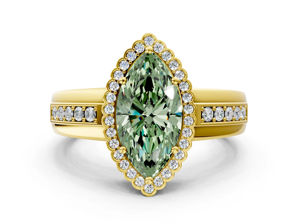 Yellow gold Fancy Green Marquise  Cut Halo Pave Band Four-Prong Ring