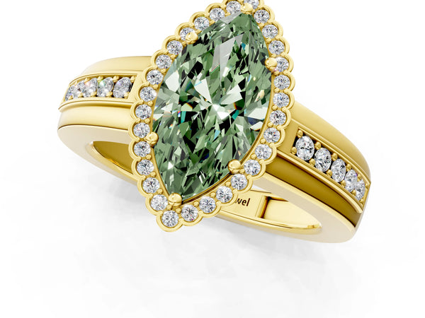 Yellow gold Fancy Green Marquise  Cut Halo Pave Band Four-Prong Ring