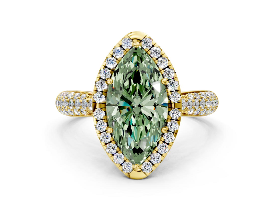 Yellow gold Fancy Green Marquise  Cut Halo Pave Band Four-Prong Setting Ring_71