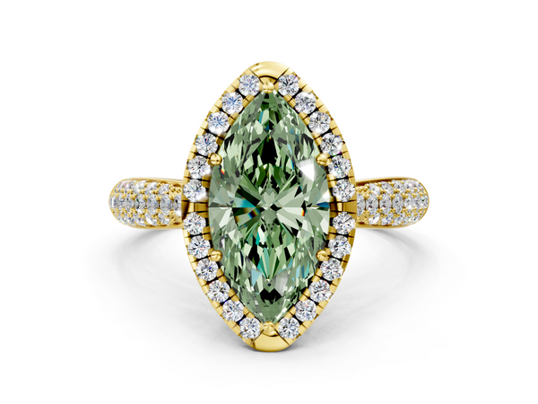 Yellow gold Fancy Green Marquise  Cut Halo Pave Band Four-Prong Setting Ring