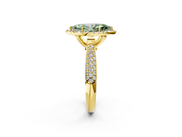 Yellow gold Fancy Green Marquise  Cut Halo Pave Band Four-Prong Setting Ring