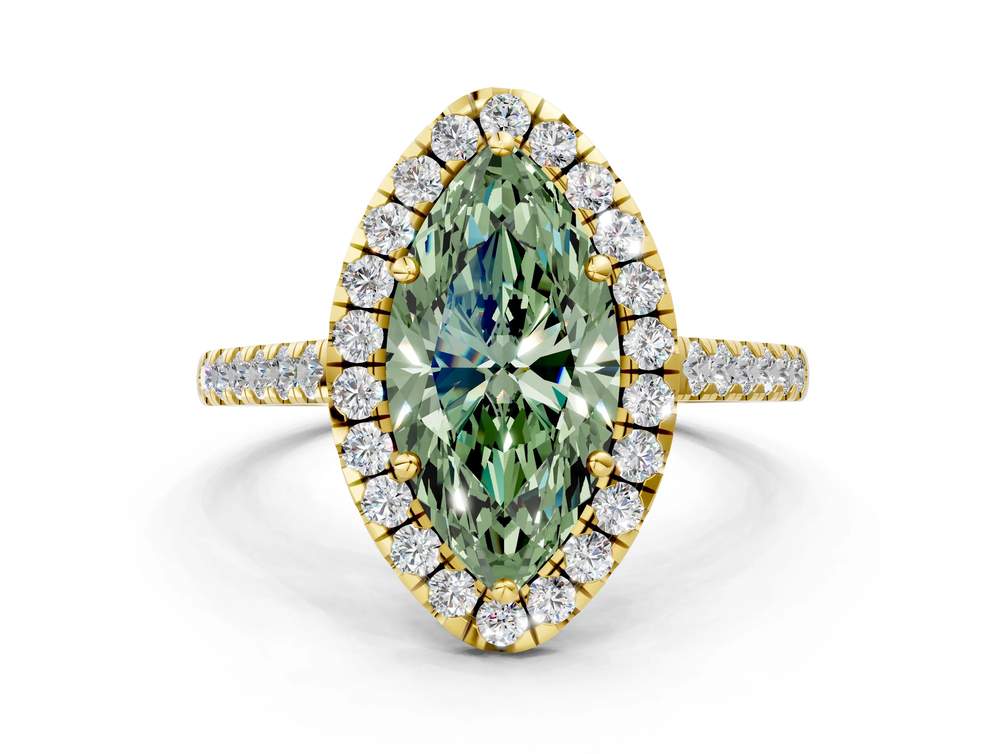 Yellow gold Fancy Green Marquise Cut Halo Pave Diamond Engagement Ring with Four-Prong Setting
