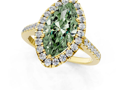 Yellow gold Fancy Green Marquise Cut Halo Pave Diamond Engagement Ring with Four-Prong Setting_1