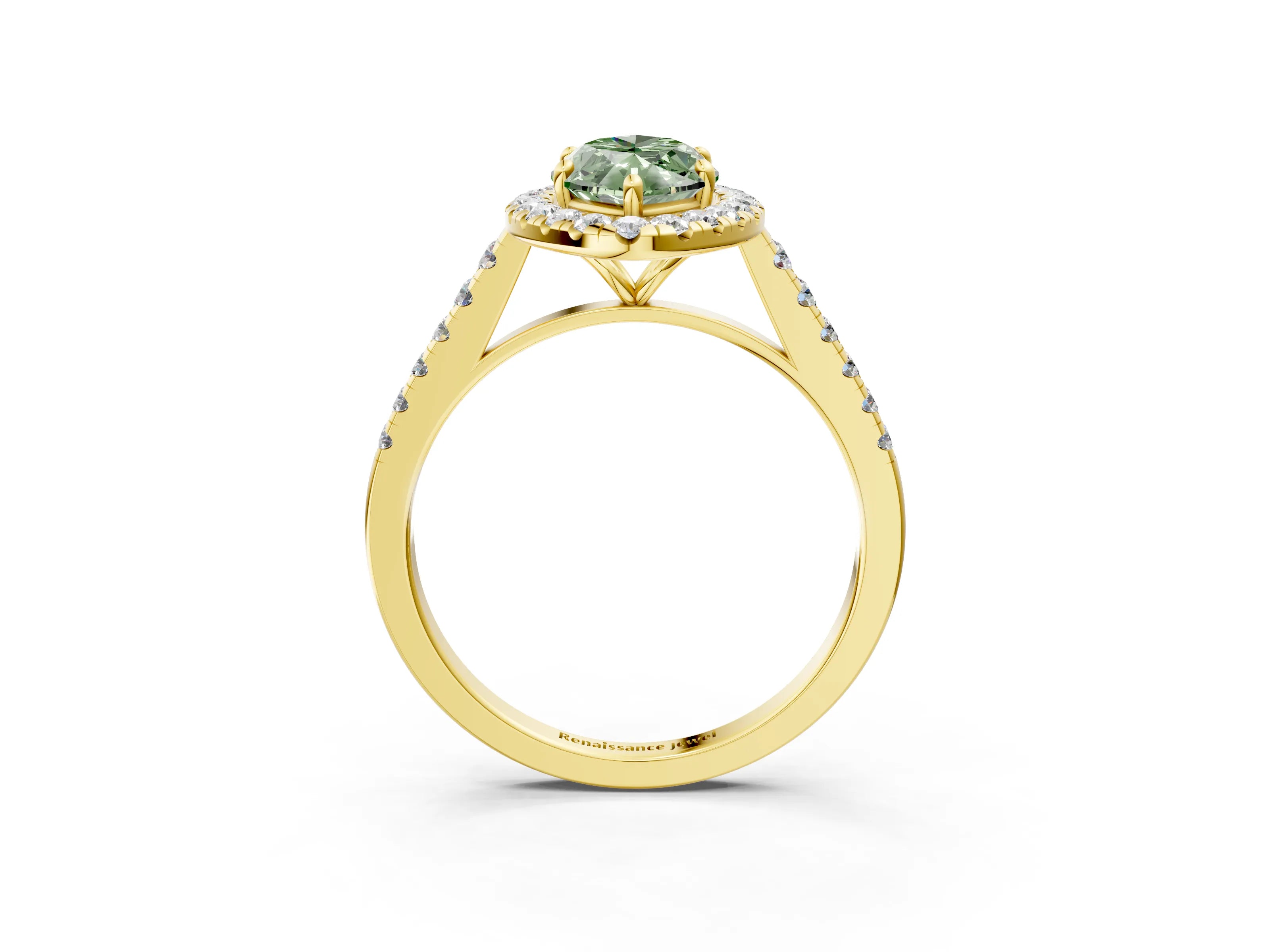 Yellow gold Fancy Green Marquise Cut Halo Pave Diamond Engagement Ring with Four-Prong Setting_3