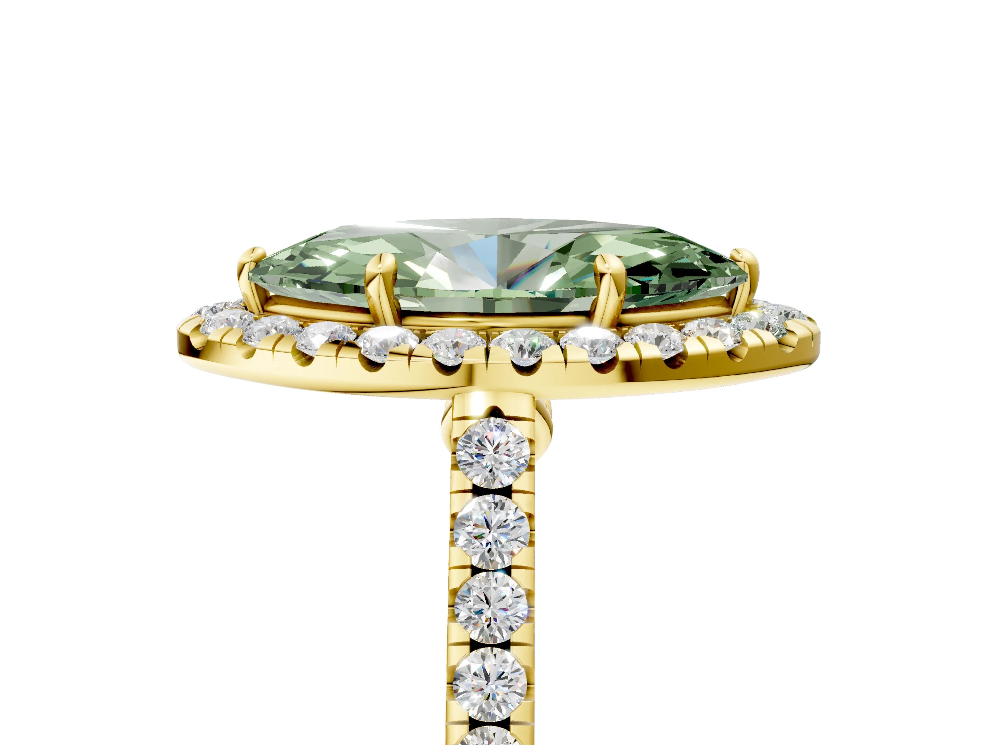 Yellow gold Fancy Green Marquise Cut Halo Pave Diamond Engagement Ring with Four-Prong Setting_5