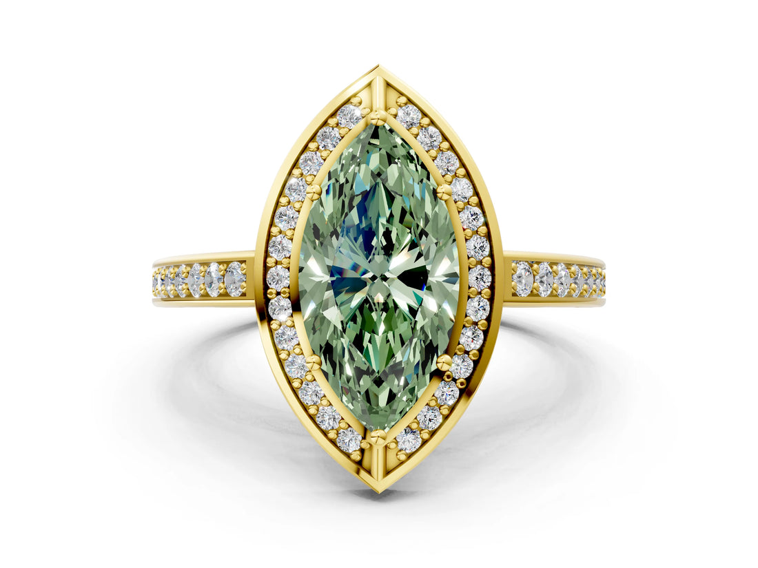 Yellow gold Fancy Green Marquise  Cut Halo Pave Split Shank Prong Setting Ring_32