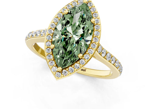 Yellow gold Fancy Green Marquise Cut Halo Round Diamond Pavé Band with Four-Prong Setting_4