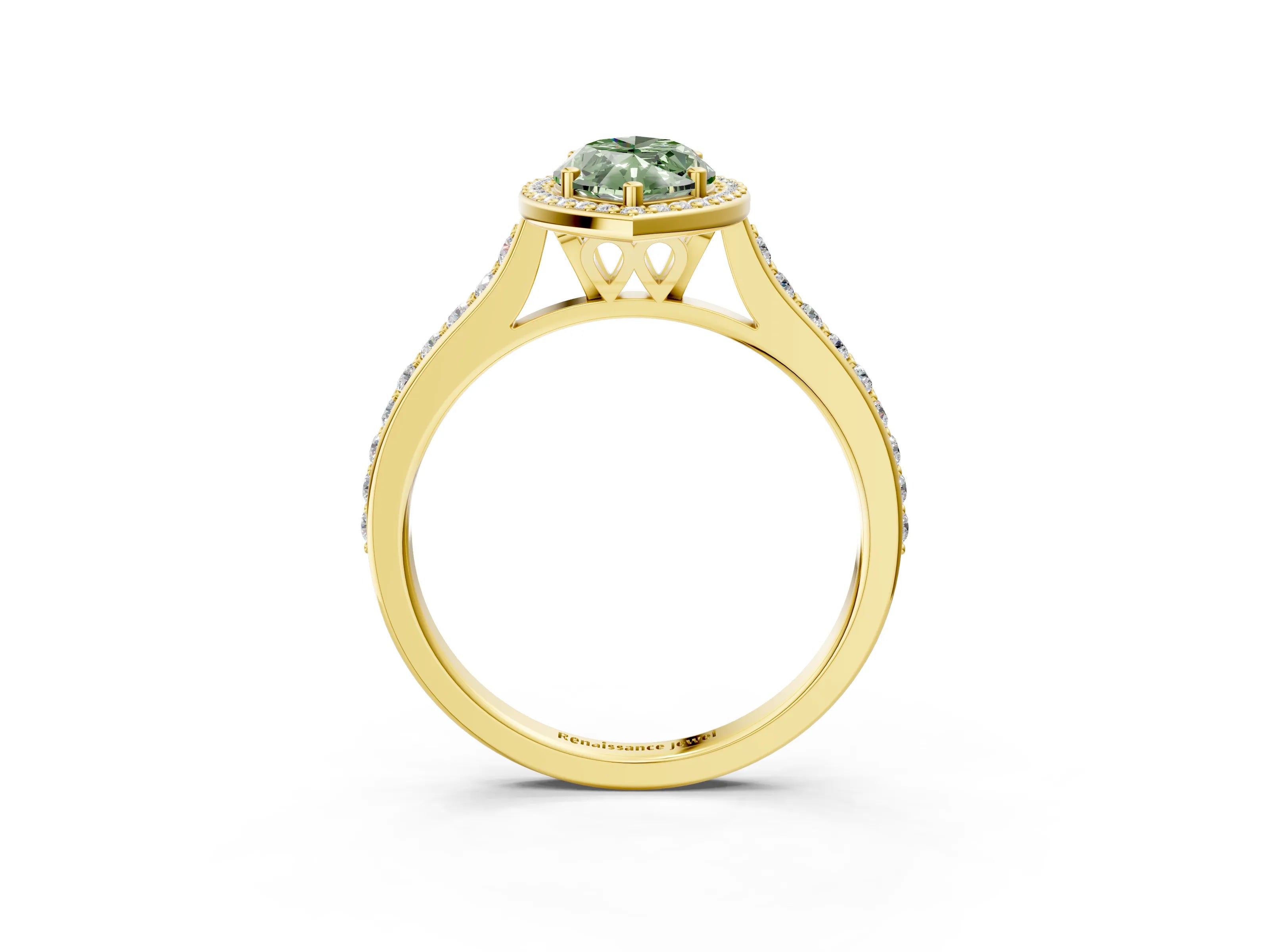 Yellow gold Fancy Green Marquise Cut Halo Round Diamond Pavé Band with Four-Prong Setting_6