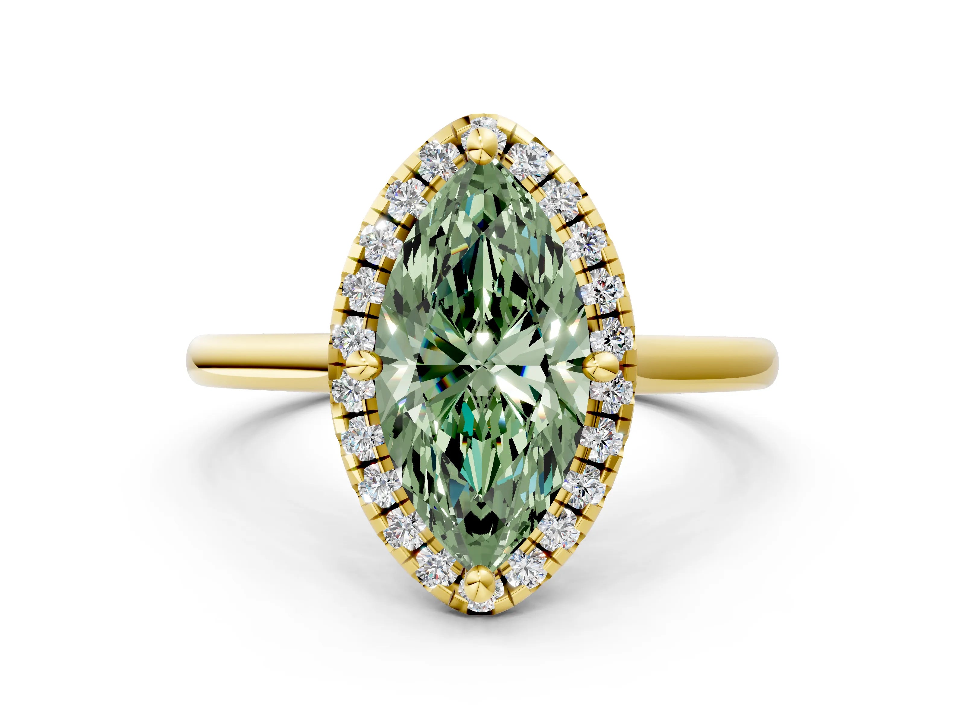 Yellow gold Fancy Green Marquise Cut Halo Round Diamond Solitaire Engagement Ring with Pave Band and Four-Prong Setting_12