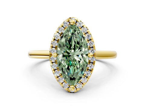 Yellow gold Fancy Green Marquise Cut Halo Round Diamond Solitaire Engagement Ring with Pave Band and Four-Prong Setting_12