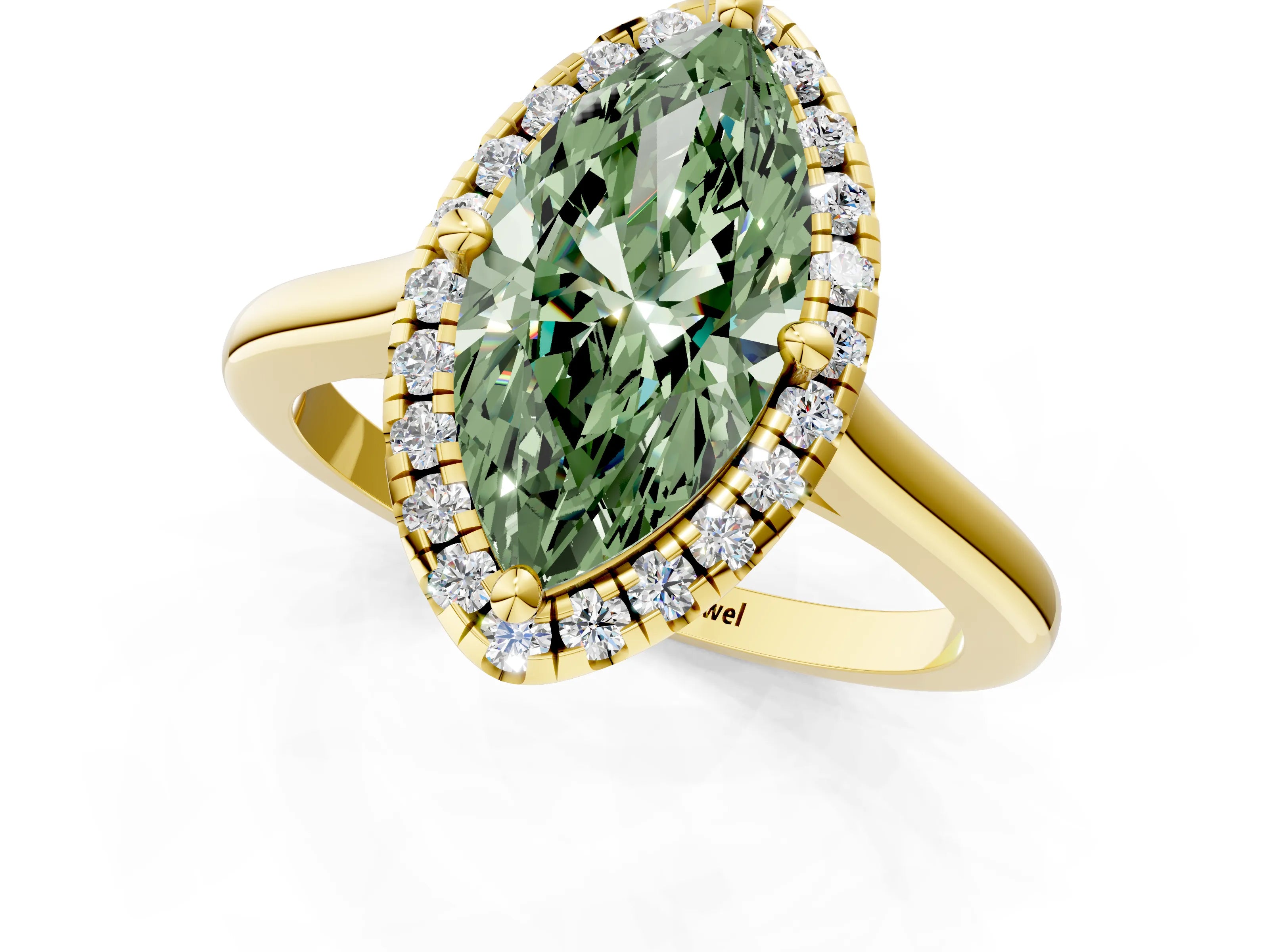 Yellow gold Fancy Green Marquise Cut Halo Round Diamond Solitaire Engagement Ring with Pave Band and Four-Prong Setting_13