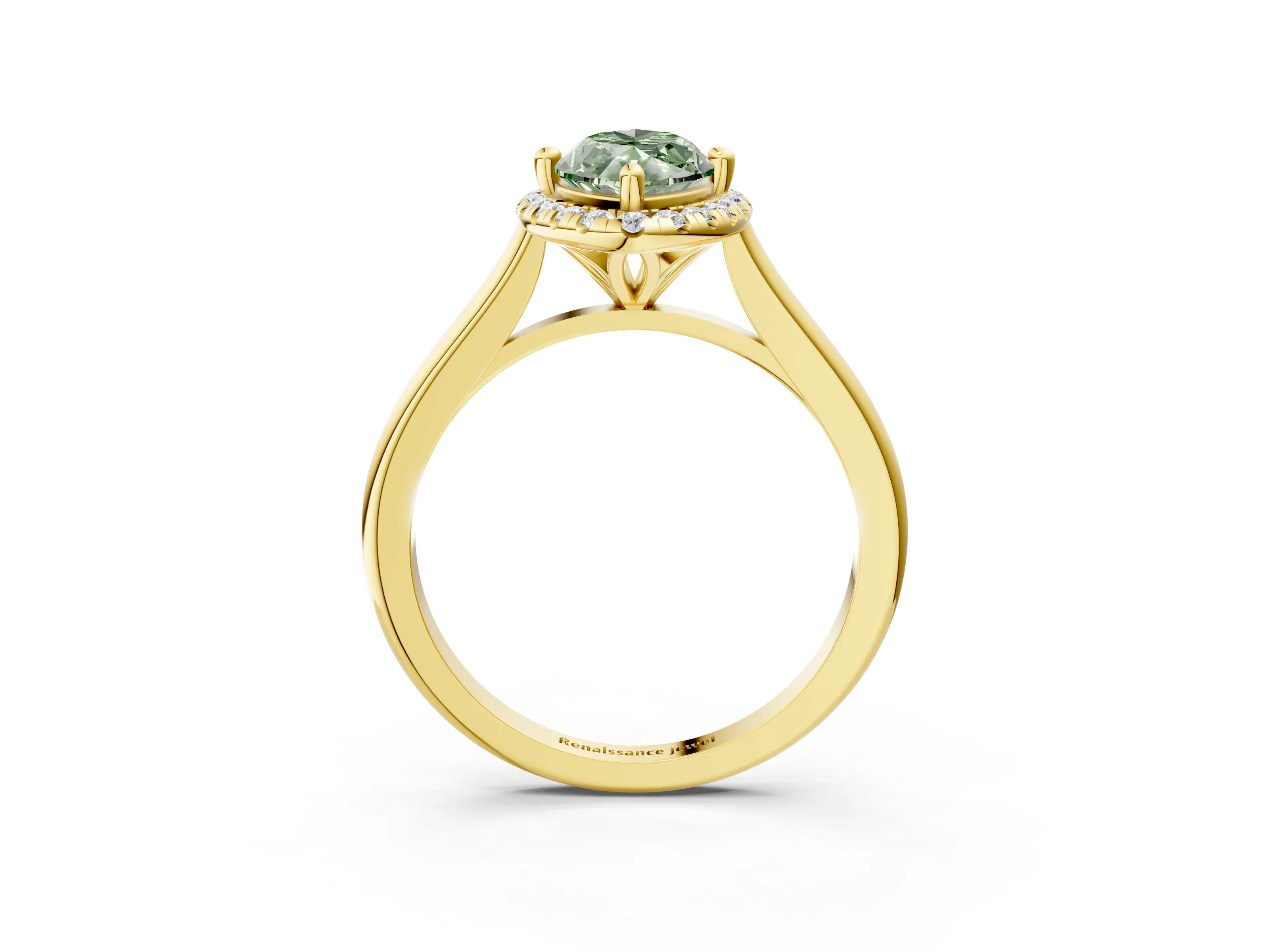 Yellow gold Fancy Green Marquise Cut Halo Round Diamond Solitaire Engagement Ring with Pave Band and Four-Prong Setting_15