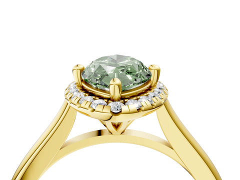 Yellow gold Fancy Green Marquise Cut Halo Round Diamond Solitaire Engagement Ring with Pave Band and Four-Prong Setting_16