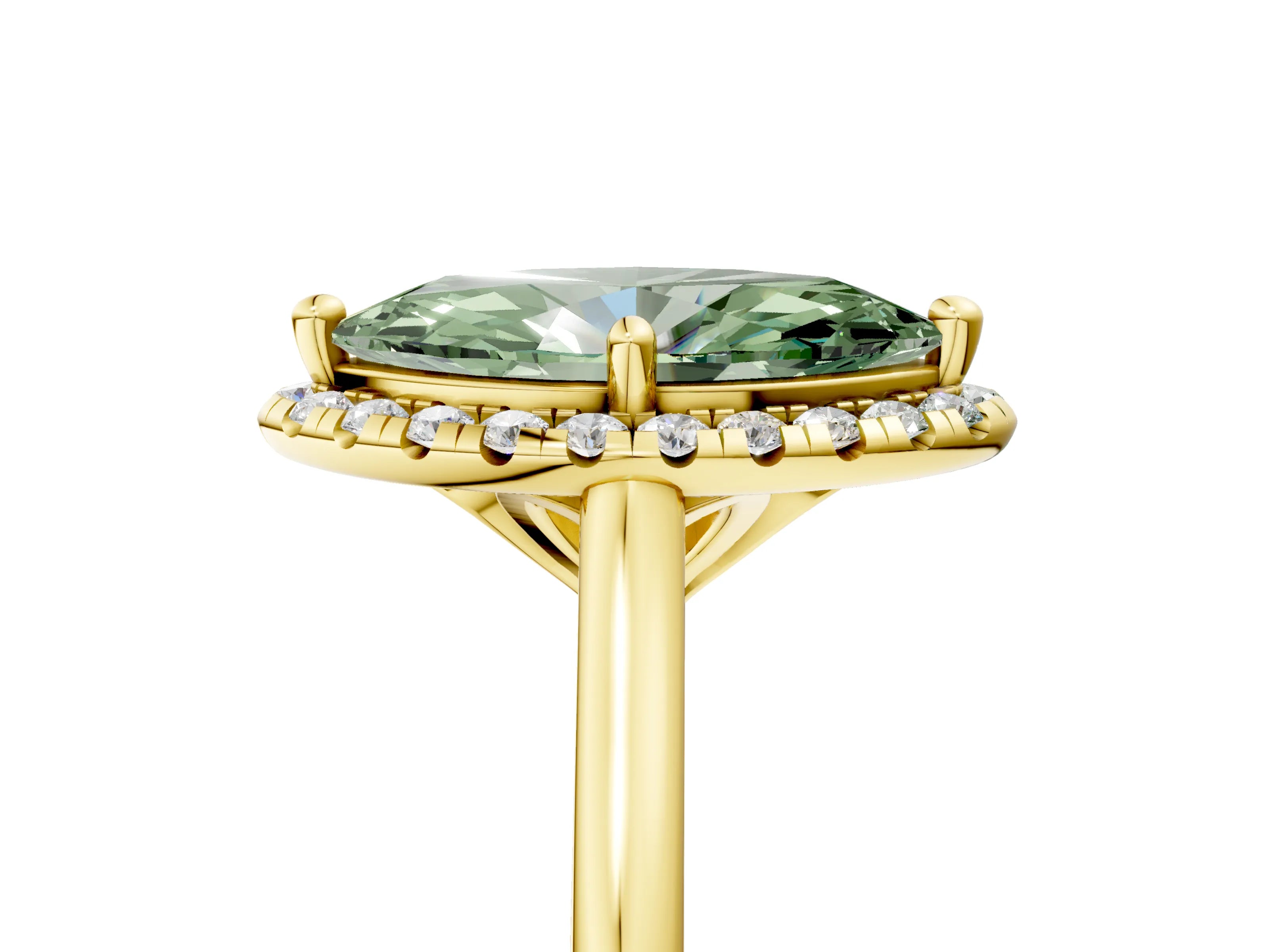 Yellow gold Fancy Green Marquise Cut Halo Round Diamond Solitaire Engagement Ring with Pave Band and Four-Prong Setting_17