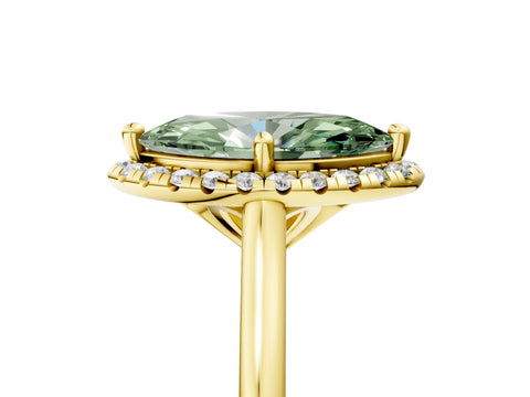 Yellow gold Fancy Green Marquise Cut Halo Round Diamond Solitaire Engagement Ring with Pave Band and Four-Prong Setting_17