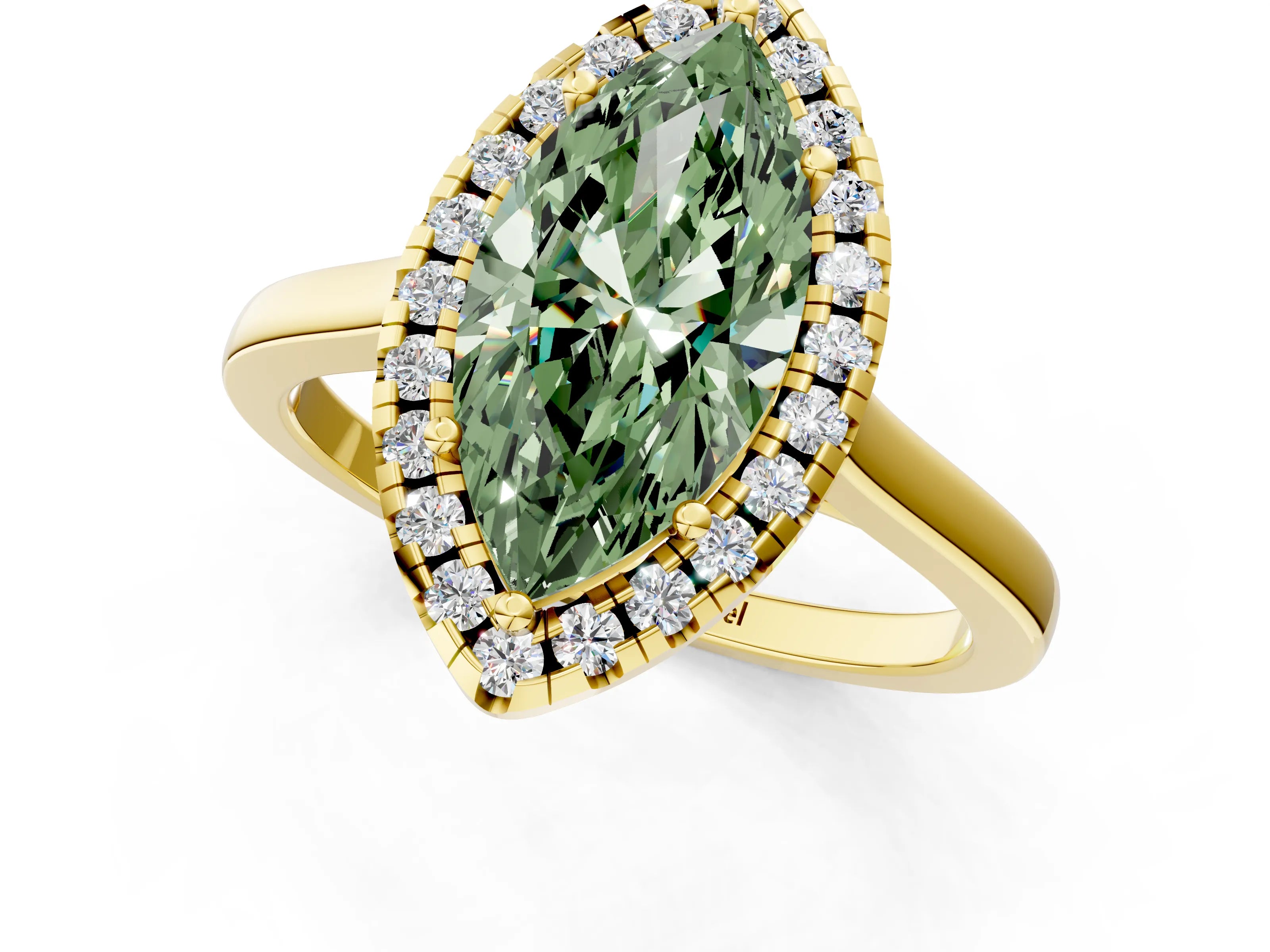Yellow gold Fancy Green Marquise Cut Halo Round Diamond Solitaire Ring with Pavé Band and Four-Prong Setting_1