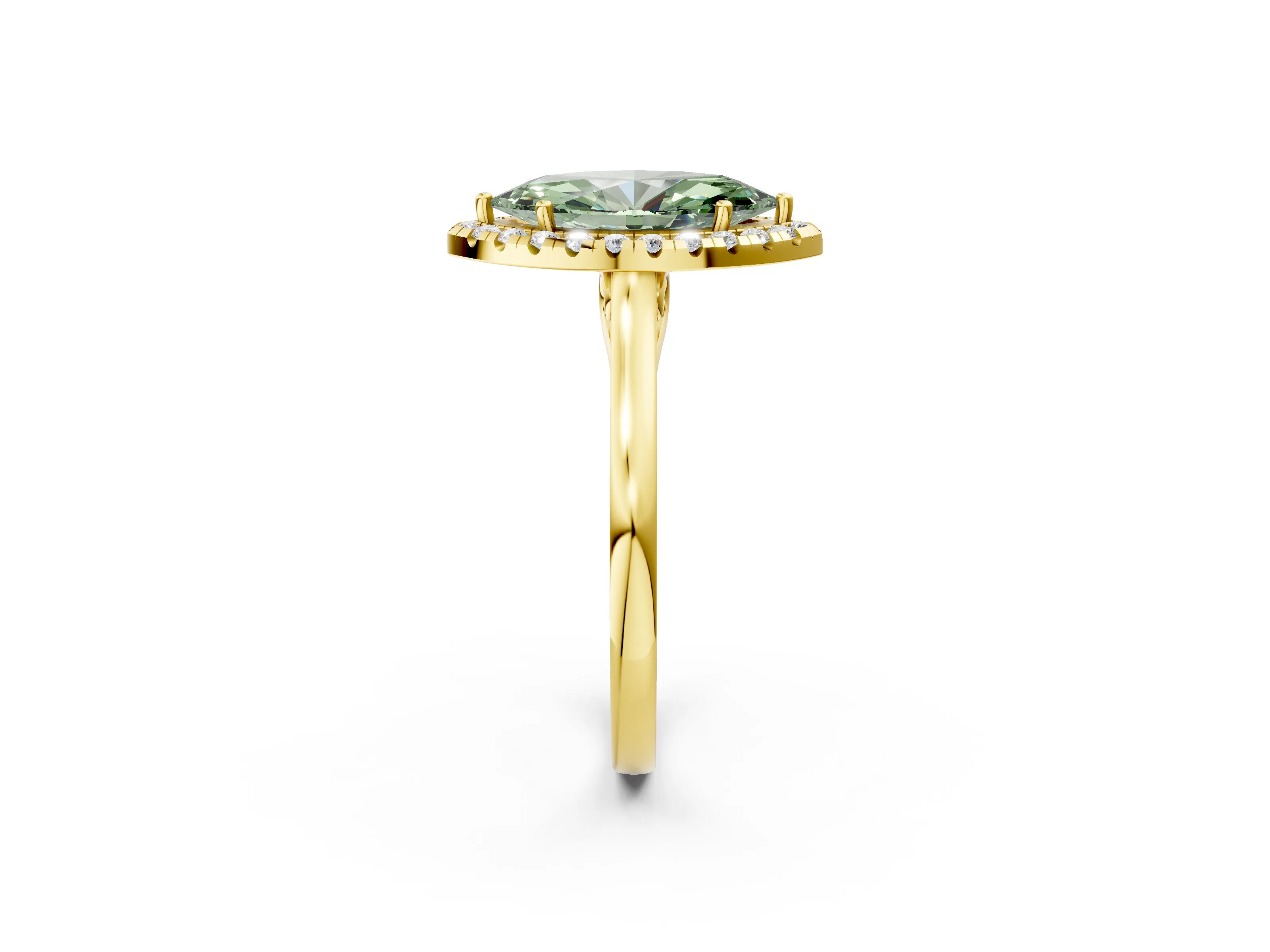 Yellow gold Fancy Green Marquise Cut Halo Round Diamond Solitaire Ring with Pavé Band and Four-Prong Setting_2