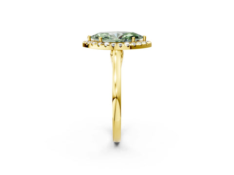 Yellow gold Fancy Green Marquise Cut Halo Round Diamond Solitaire Ring with Pavé Band and Four-Prong Setting_2