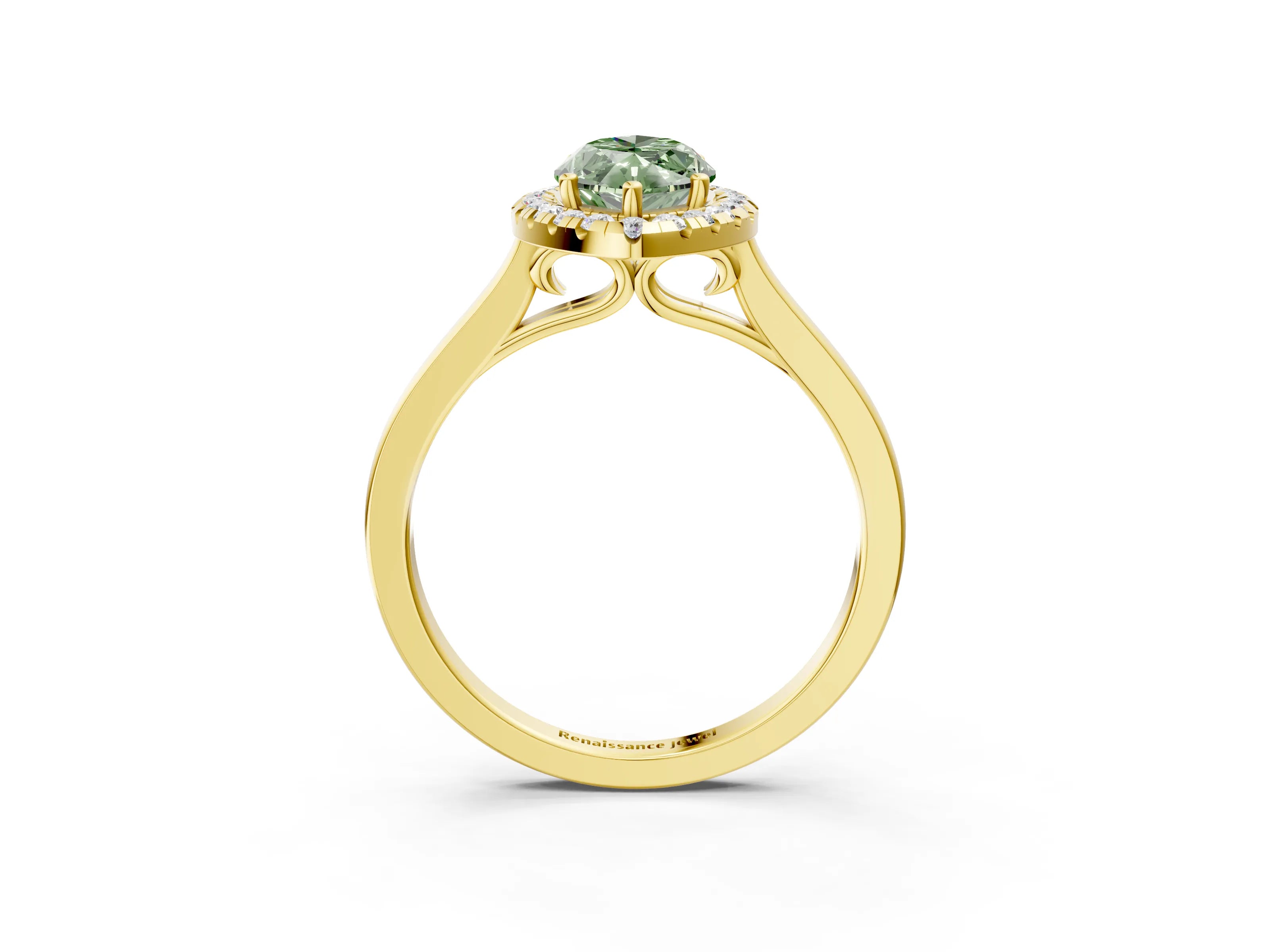 Yellow gold Fancy Green Marquise Cut Halo Round Diamond Solitaire Ring with Pavé Band and Four-Prong Setting_3