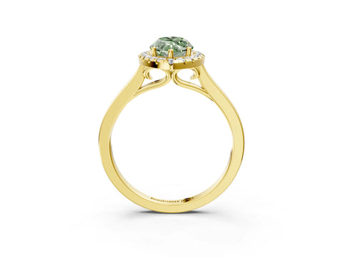 Yellow gold Fancy Green Marquise Cut Halo Round Diamond Solitaire Ring with Pavé Band and Four-Prong Setting_3