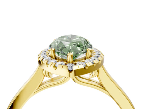 Yellow gold Fancy Green Marquise Cut Halo Round Diamond Solitaire Ring with Pavé Band and Four-Prong Setting_4