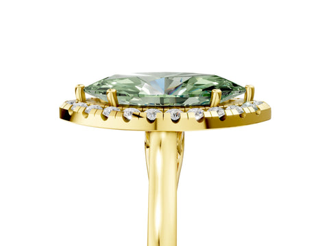 Yellow gold Fancy Green Marquise Cut Halo Round Diamond Solitaire Ring with Pavé Band and Four-Prong Setting_5