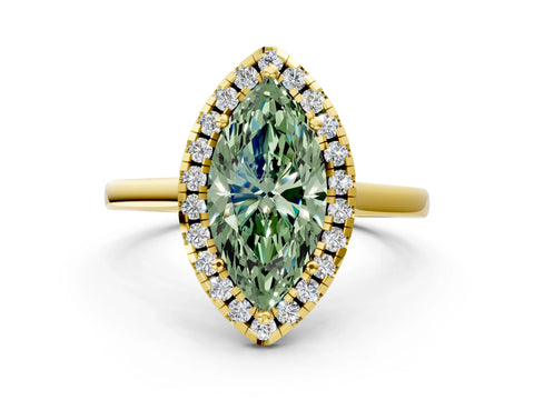 Yellow gold Fancy Green Marquise Cut Halo Round Diamond Solitaire Ring with Pavé Band and Four-Prong Setting