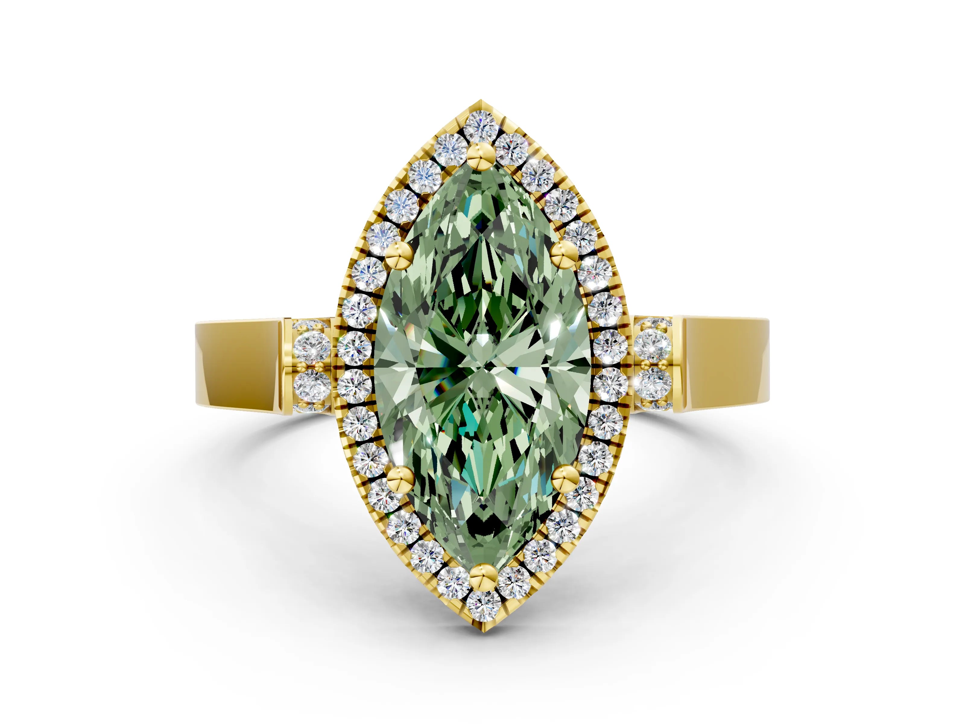 Yellow gold Fancy Green Marquise Cut Halo Round Diamond Twist Band with Four-Prong Setting