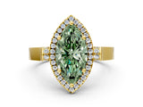 Yellow gold Fancy Green Marquise Cut Halo Round Diamond Twist Band with Four-Prong Setting