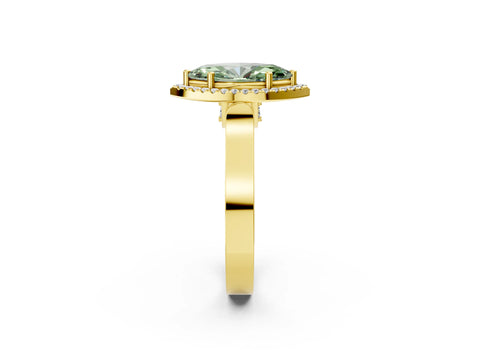 Yellow gold Fancy Green Marquise Cut Halo Round Diamond Twist Band with Four-Prong Setting_2