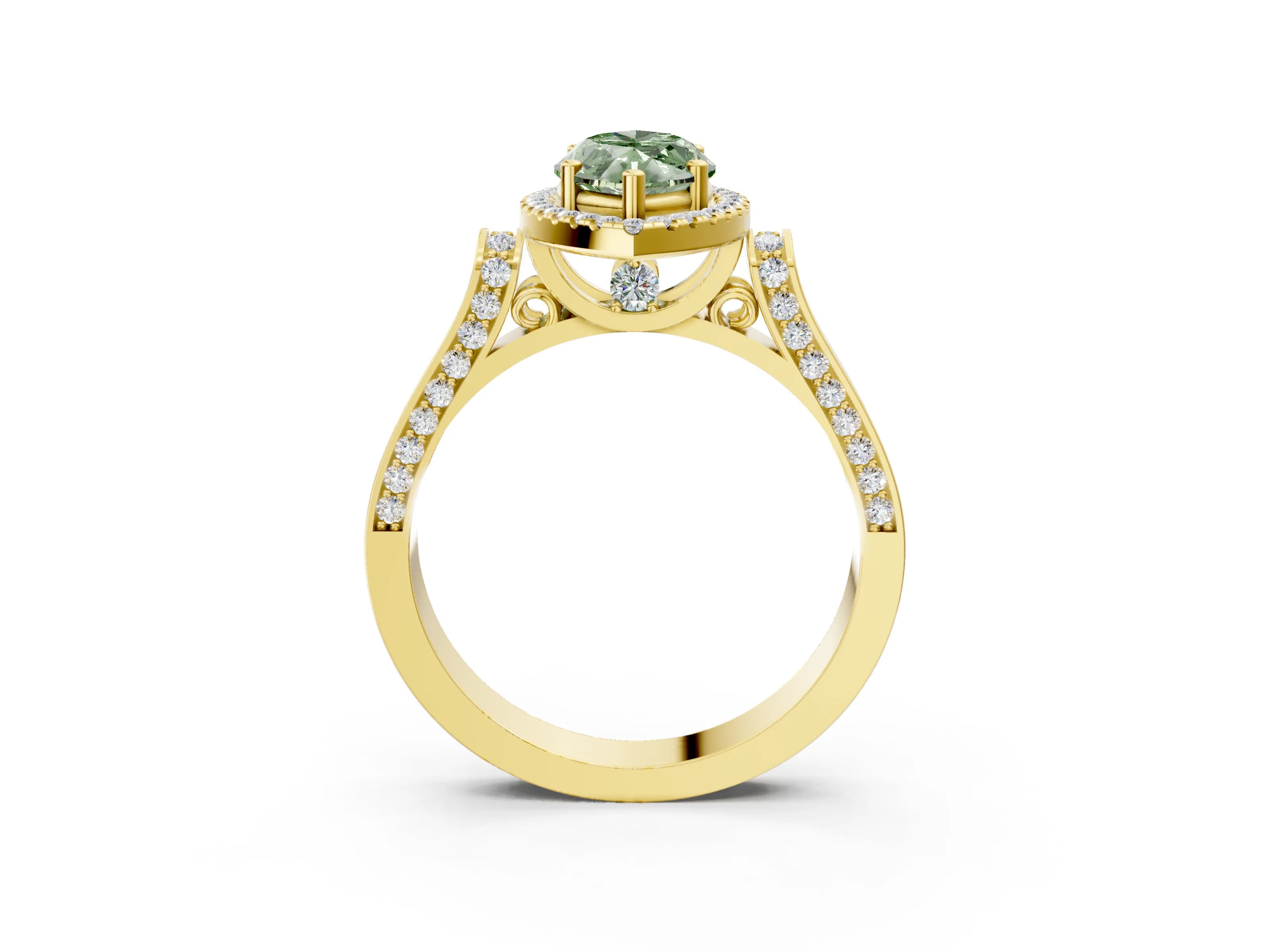 Yellow gold Fancy Green Marquise Cut Halo Round Diamond Twist Band with Four-Prong Setting_3