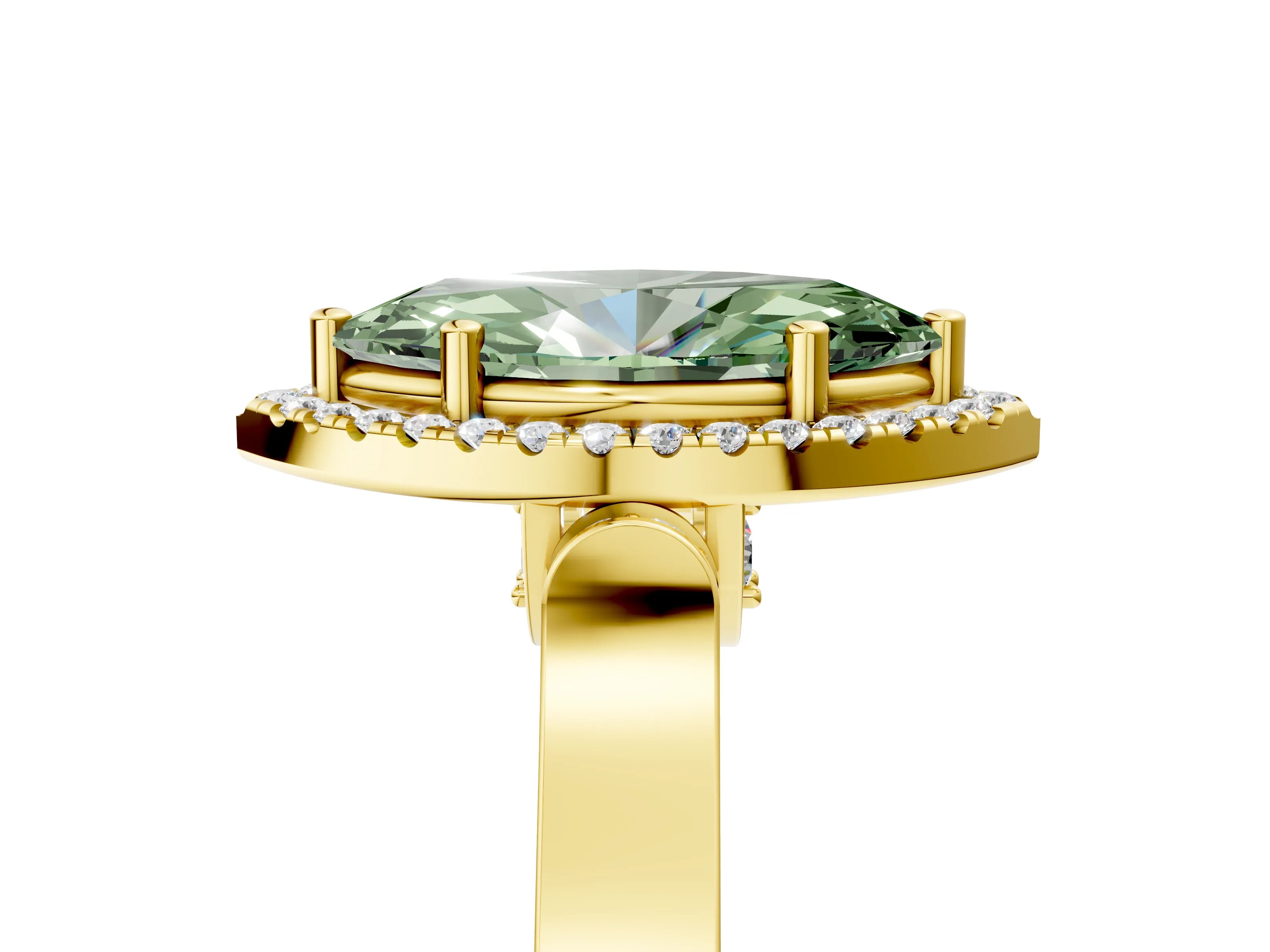 Yellow gold Fancy Green Marquise Cut Halo Round Diamond Twist Band with Four-Prong Setting_5