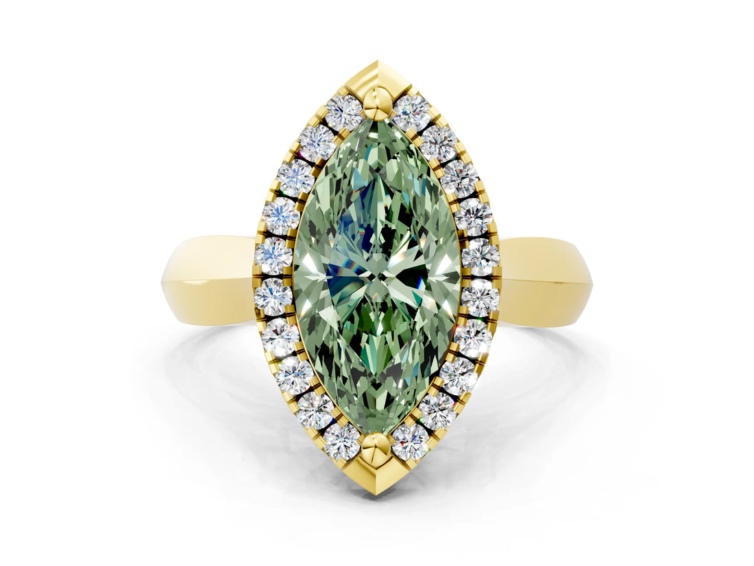 Yellow gold Fancy Green Marquise  Cut Halo Solitaire Engagement Ring with Square Band and Four-Prong Setting_114