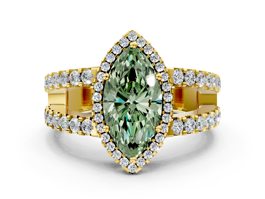 Yellow gold Fancy Green Marquise  Cut Halo Split Shank Diamond Ring with Four-Prong Setting_45