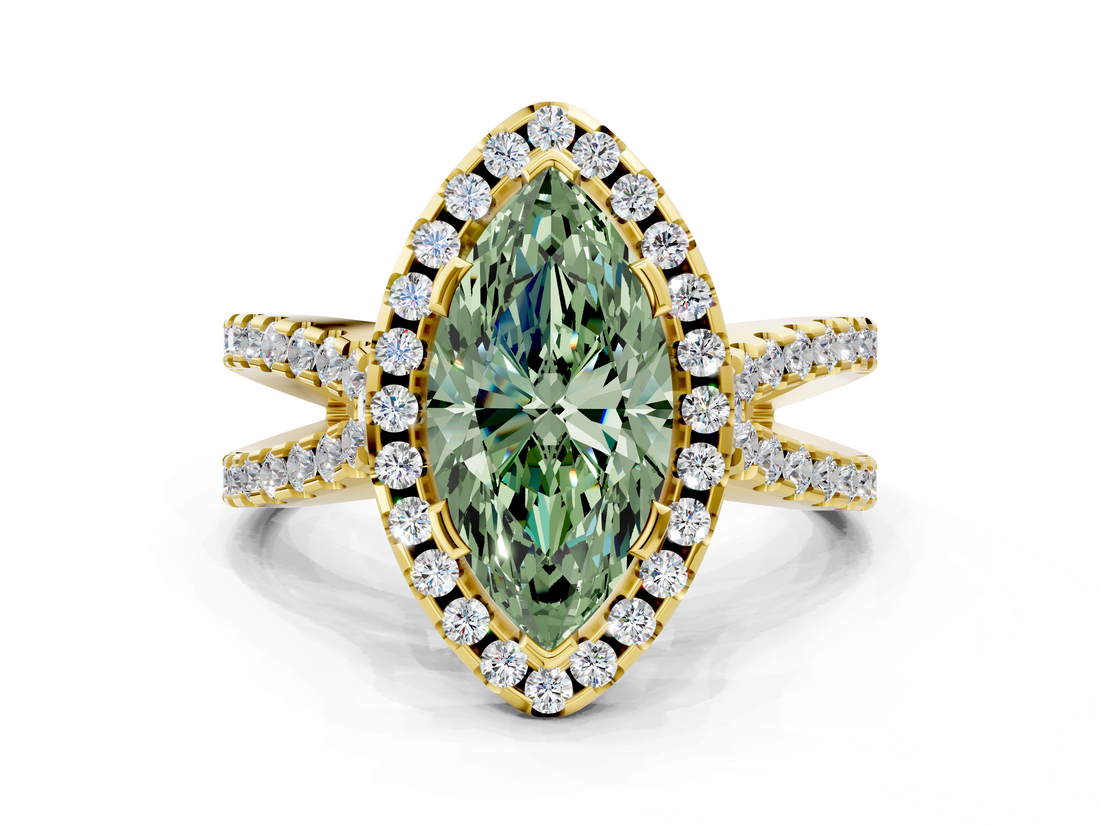 Yellow gold Fancy Green Marquise  Cut Halo Split Shank Pave Set Ring_79