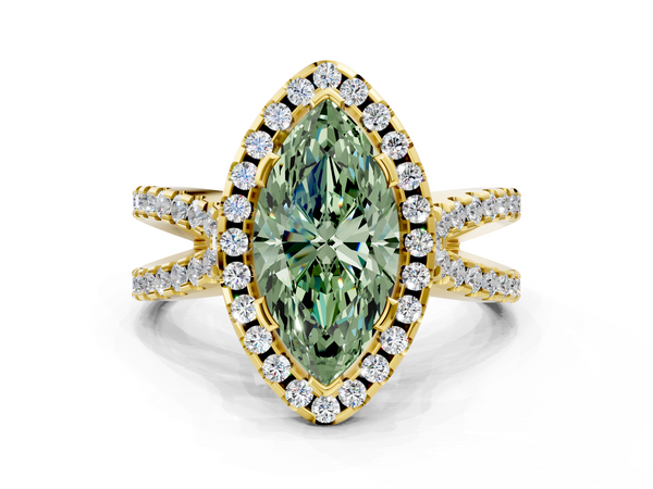 Yellow gold Fancy Green Marquise Cut Diamond Halo Ring with Split Shank Pavé Band and Prong Setting