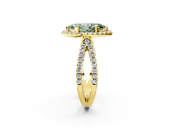 Yellow gold Fancy Green Marquise Cut Diamond Halo Ring with Split Shank Pavé Band and Prong Setting