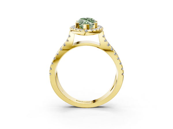 Yellow gold Fancy Green Marquise Cut Diamond Halo Ring with Split Shank Pavé Band and Prong Setting
