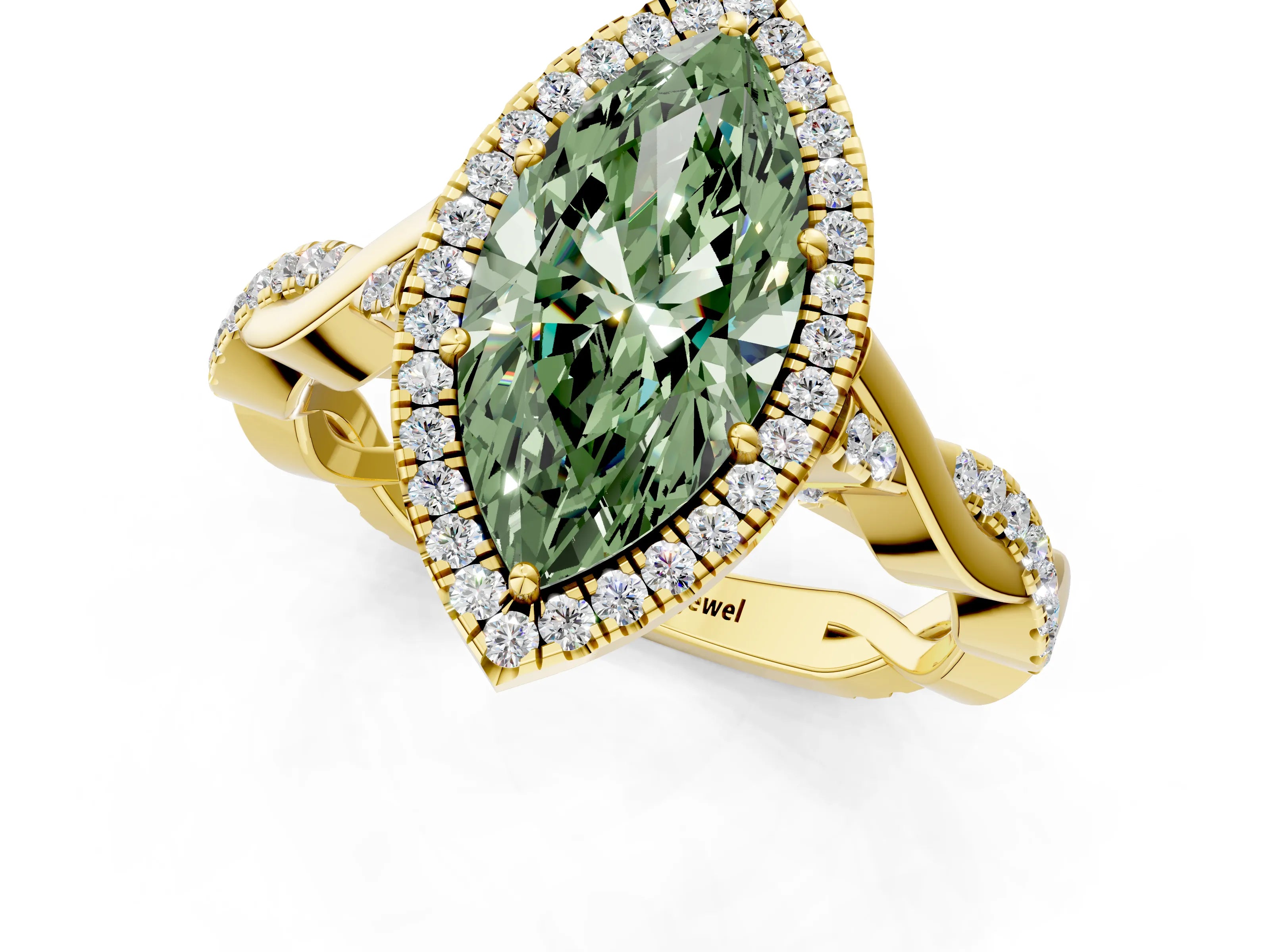 Yellow gold Fancy Green Marquise Cut Halo Twist Band with Four-Prong Setting_1