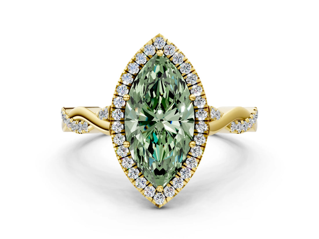 Yellow gold Fancy Green Marquise Cut Halo Twist Band with Four-Prong Setting_12