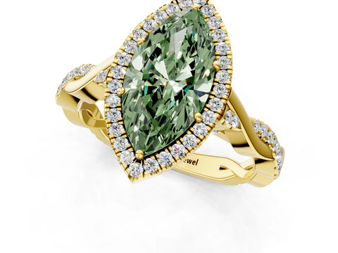 Yellow gold Fancy Green Marquise Cut Halo Twist Band with Four-Prong Setting_1