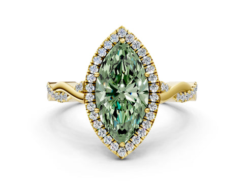 Yellow gold Fancy Green Marquise Cut Halo Twist Band with Four-Prong Setting