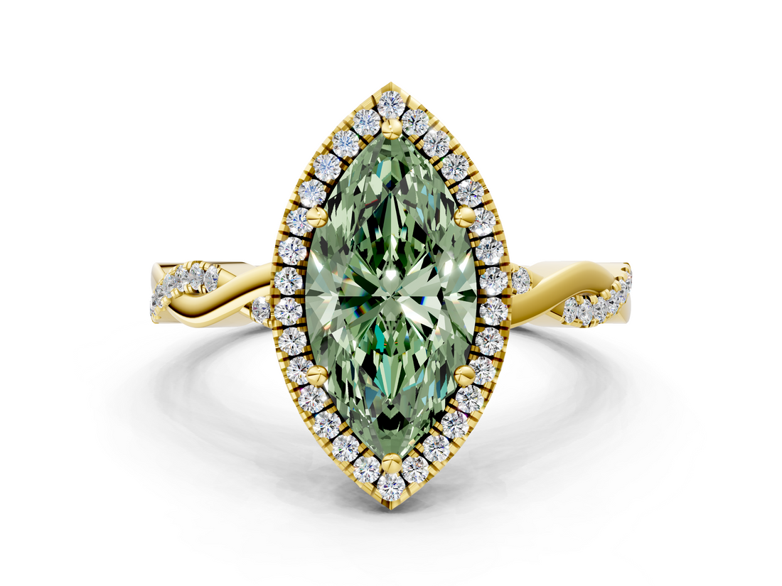 Yellow gold Fancy Green Marquise  Cut Halo Twisted Band Four-Prong Ring_19