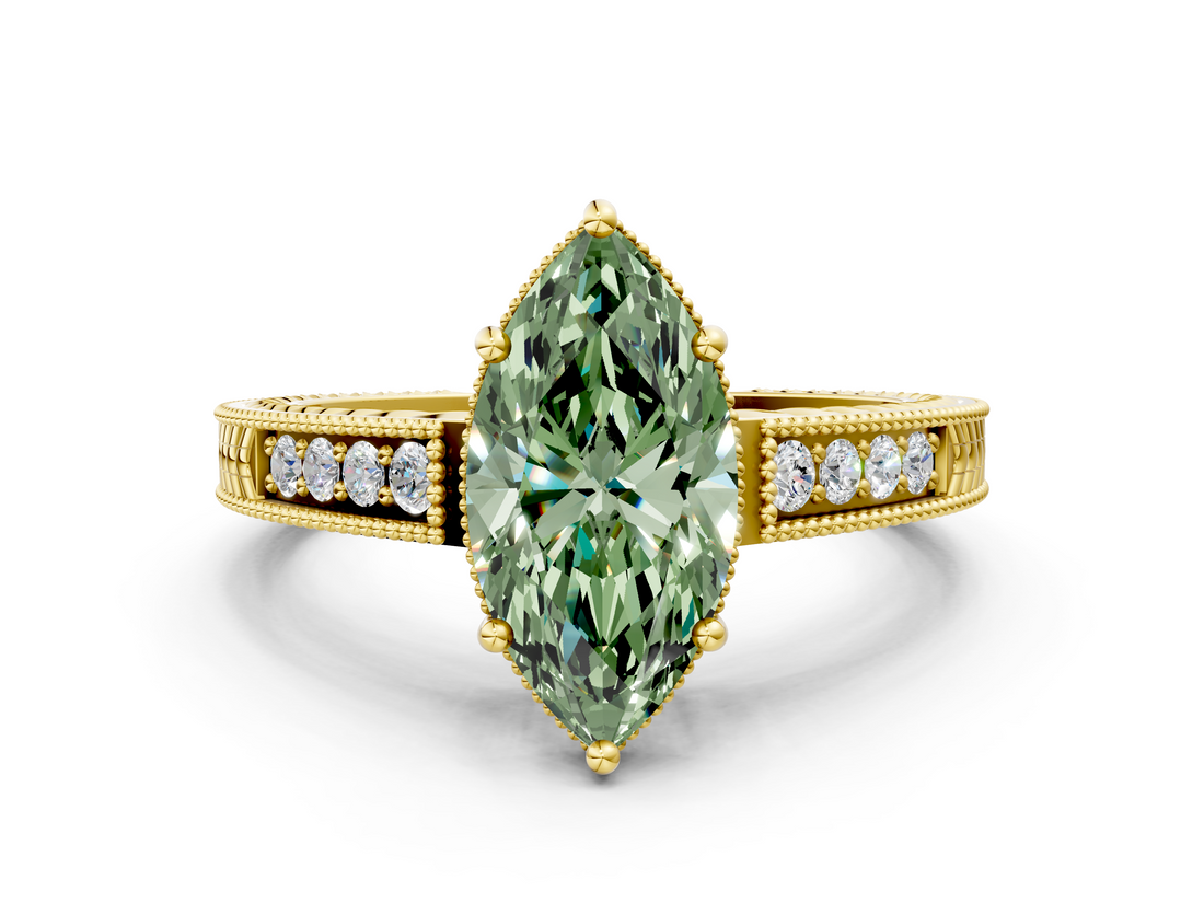 Yellow gold Fancy Green Marquise  Cut Milgrain Channel Set Engagement Ring with Solitaire Prong Setting_67