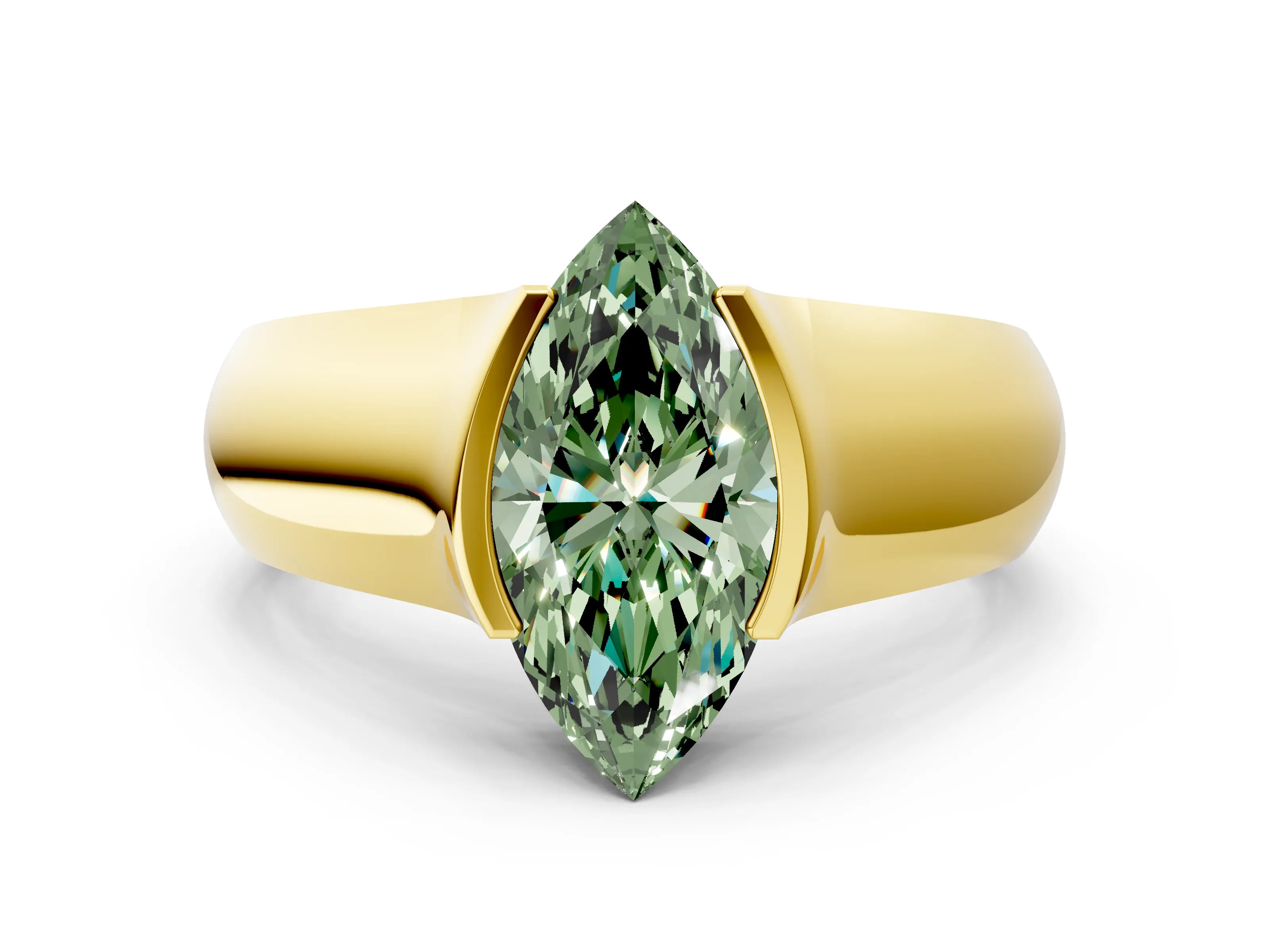 Yellow gold Fancy Green Marquise Cut Solitaire Bezel Set Diamond Ring with Wide Band