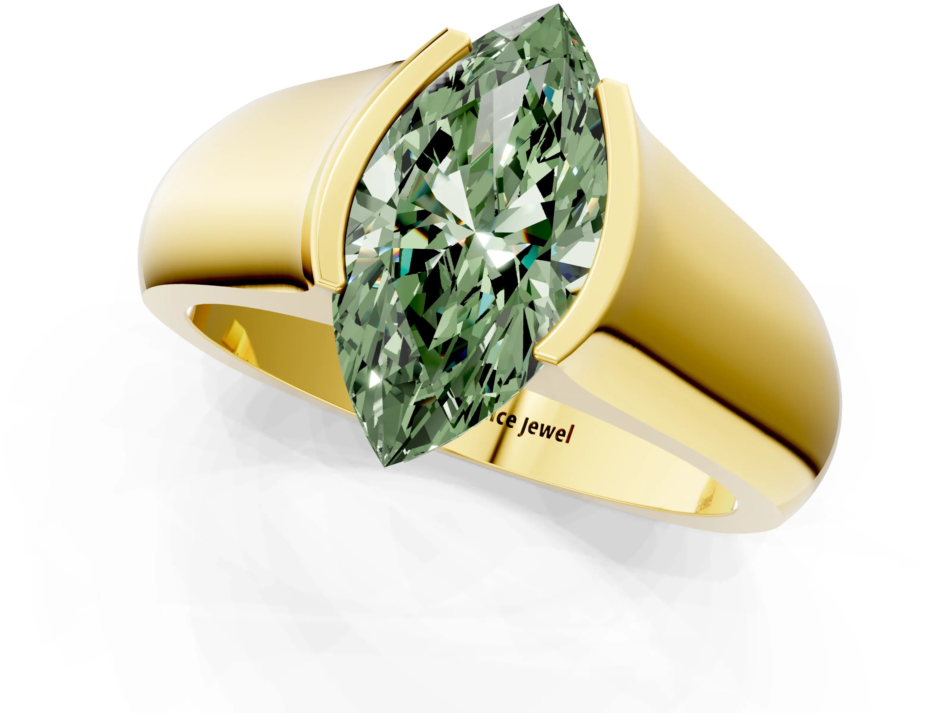Yellow gold Fancy Green Marquise Cut Solitaire Bezel Set Diamond Ring with Wide Band_1