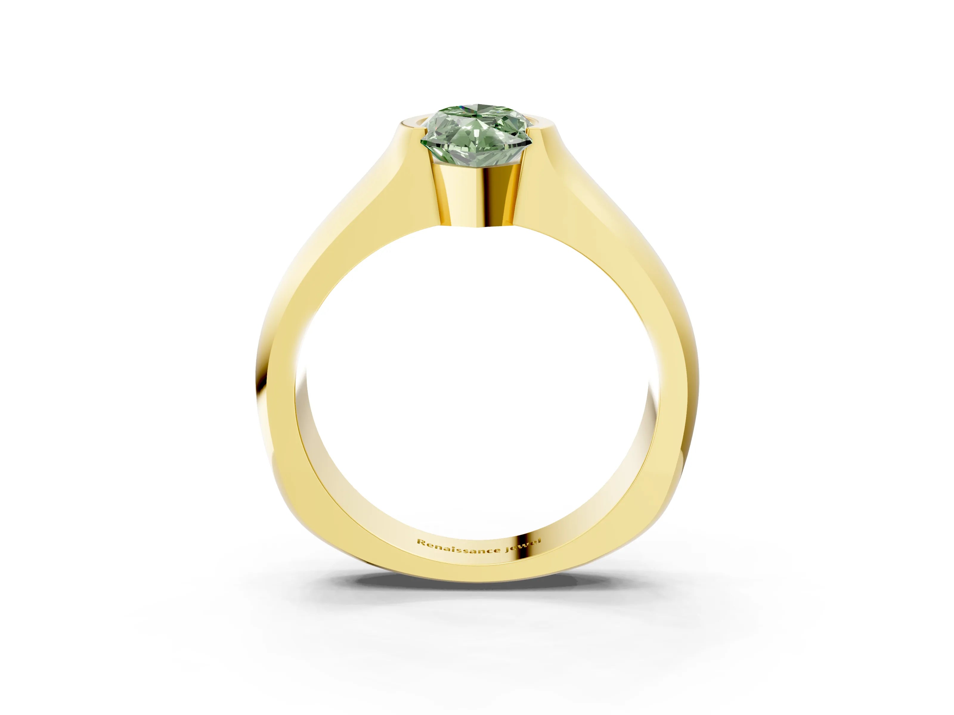 Yellow gold Fancy Green Marquise Cut Solitaire Bezel Set Diamond Ring with Wide Band_3