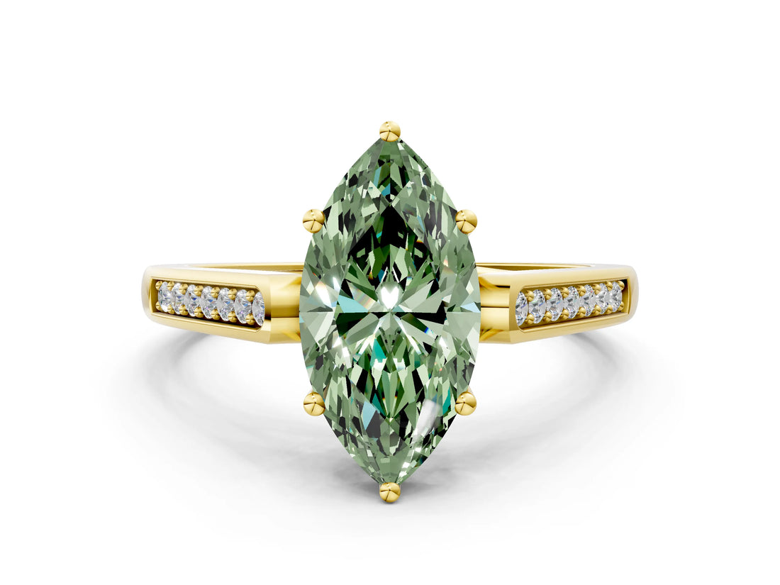 Yellow gold Fancy Green Marquise Cut Solitaire Cathedral Diamond Engagement Ring with Channel-Set Band and Four-Prong Setting_3